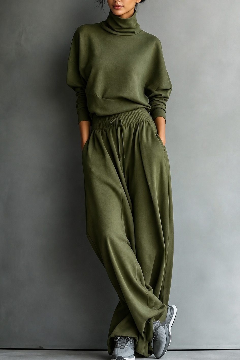 Turtleneck two-piece set in olive green