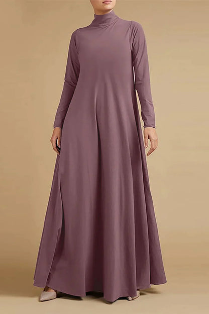High neck long sleeve maxi dress, side view