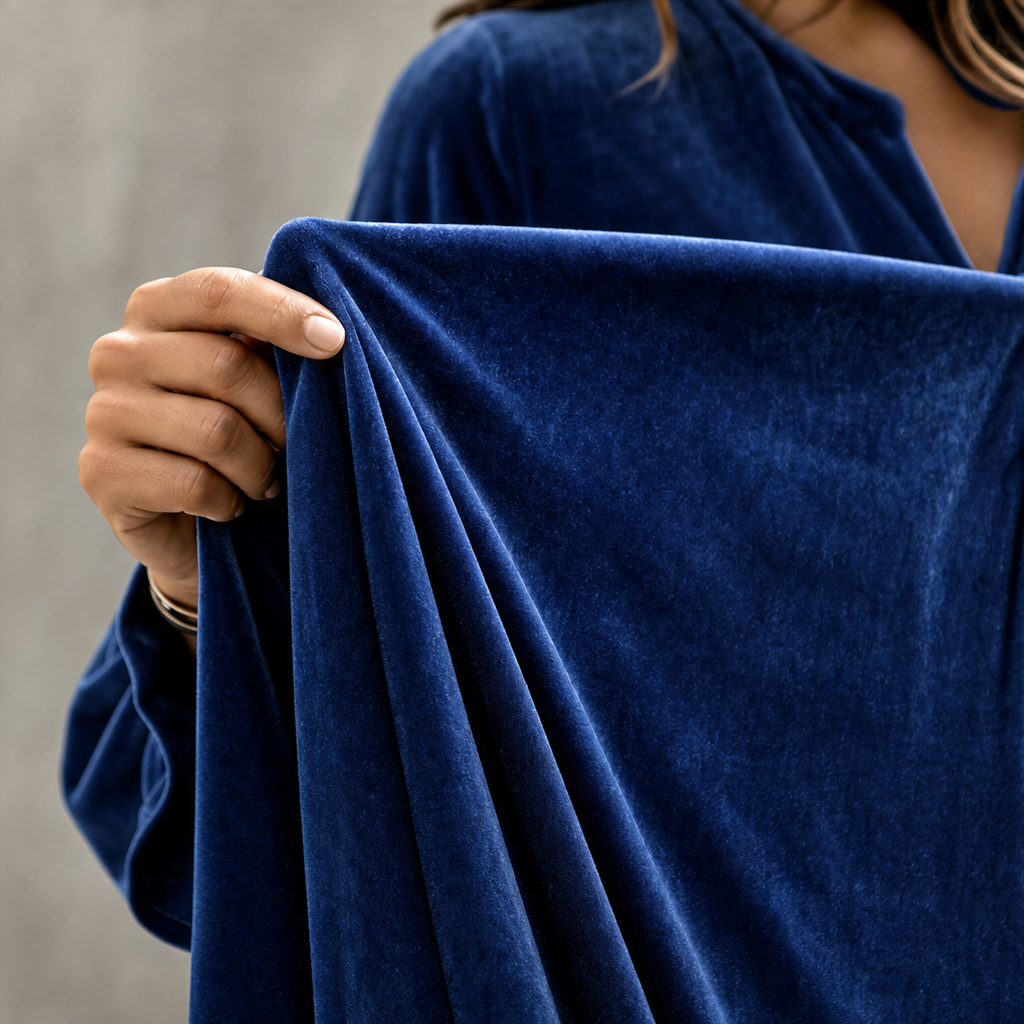 Long sleeve empire waist maxi dress, close-up detail