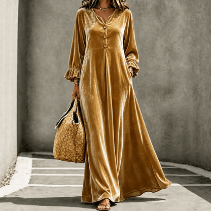 Long sleeve empire waist maxi dress in gold
