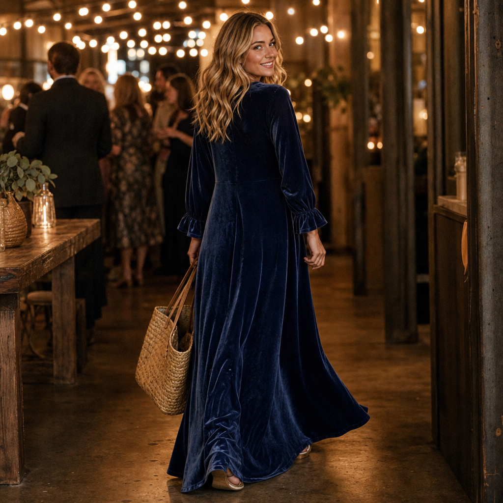 Long sleeve empire waist maxi dress, back view