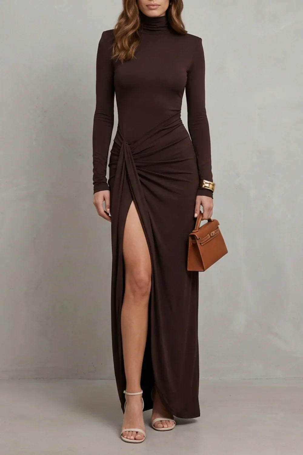 Fabienne long sleeve ruched maxi dress, front view