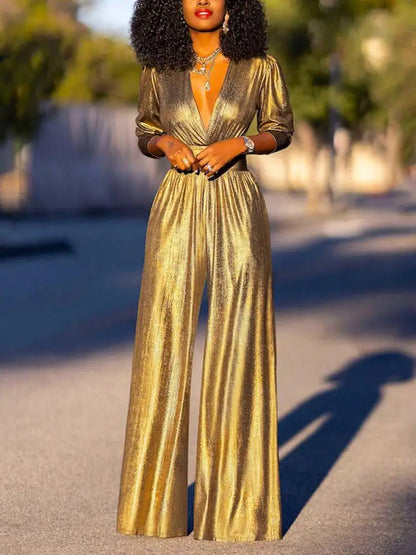 Pleated formal jumpsuit in gold