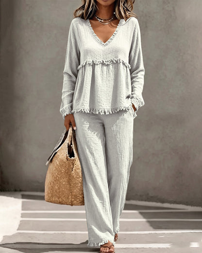 Boho fringe two-piece set in white