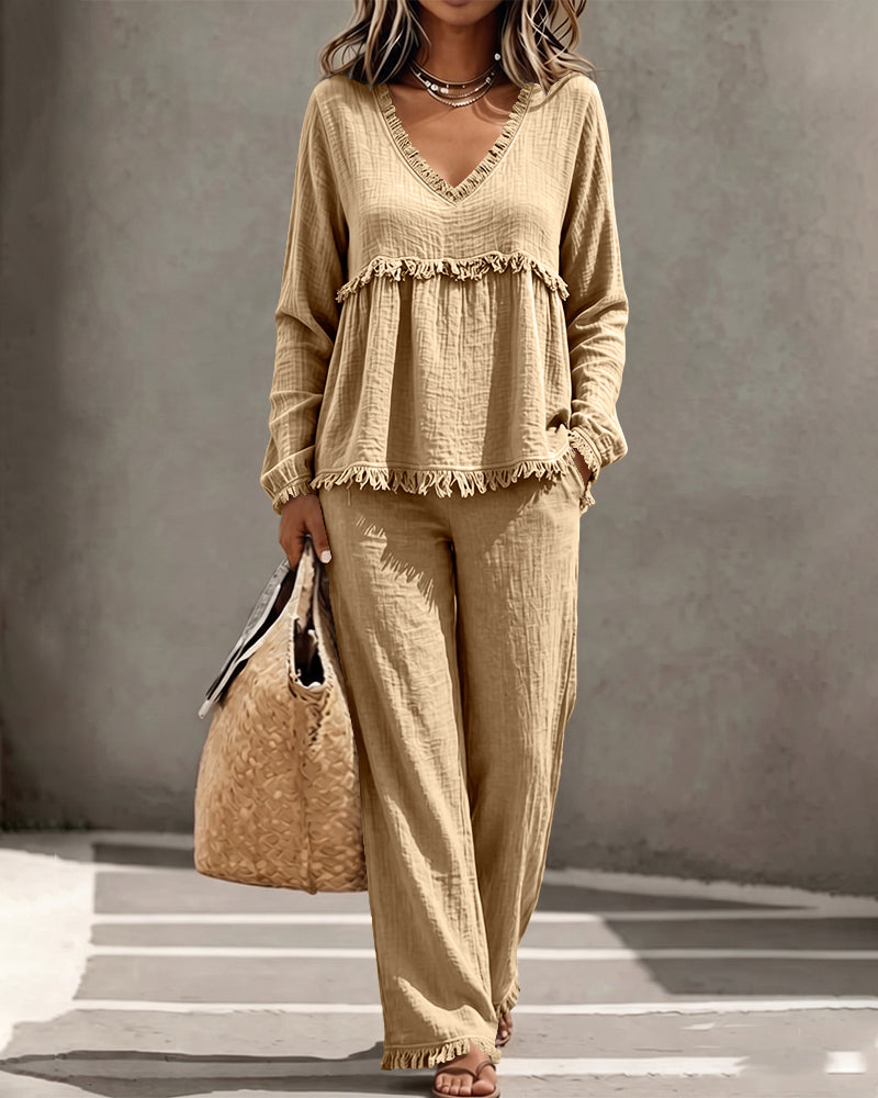 Boho fringe two-piece set in khaki
