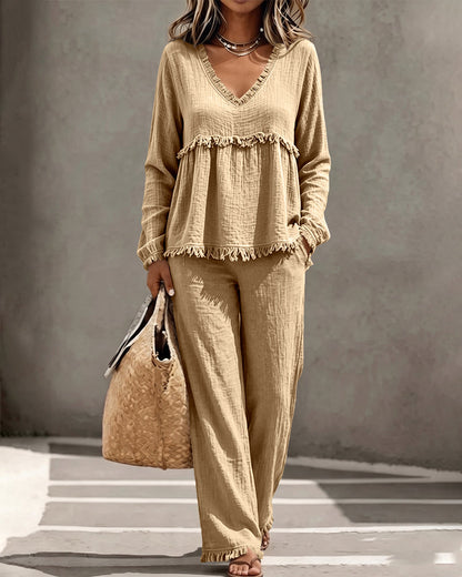 Boho fringe two-piece set in khaki