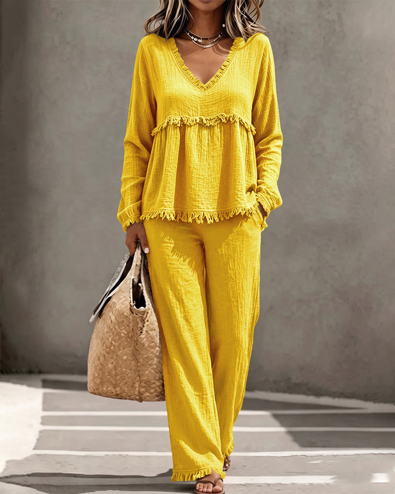 Boho fringe two-piece set in yellow