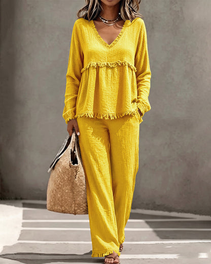 Boho fringe two-piece set in yellow