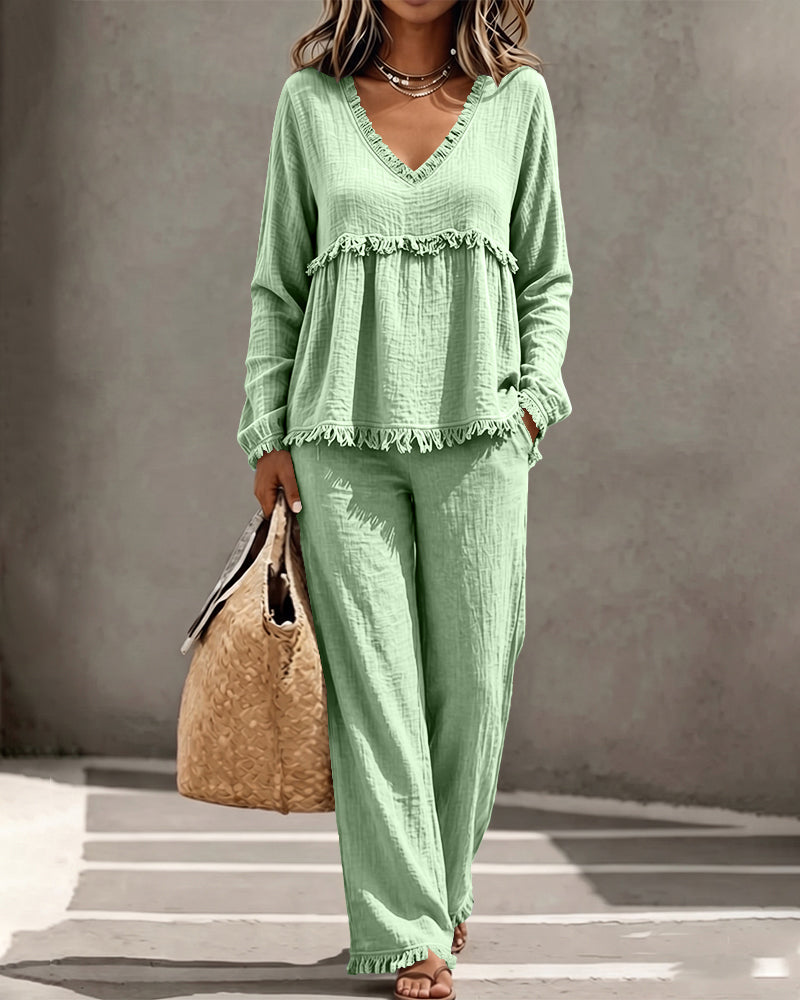 Boho fringe two-piece set in light green