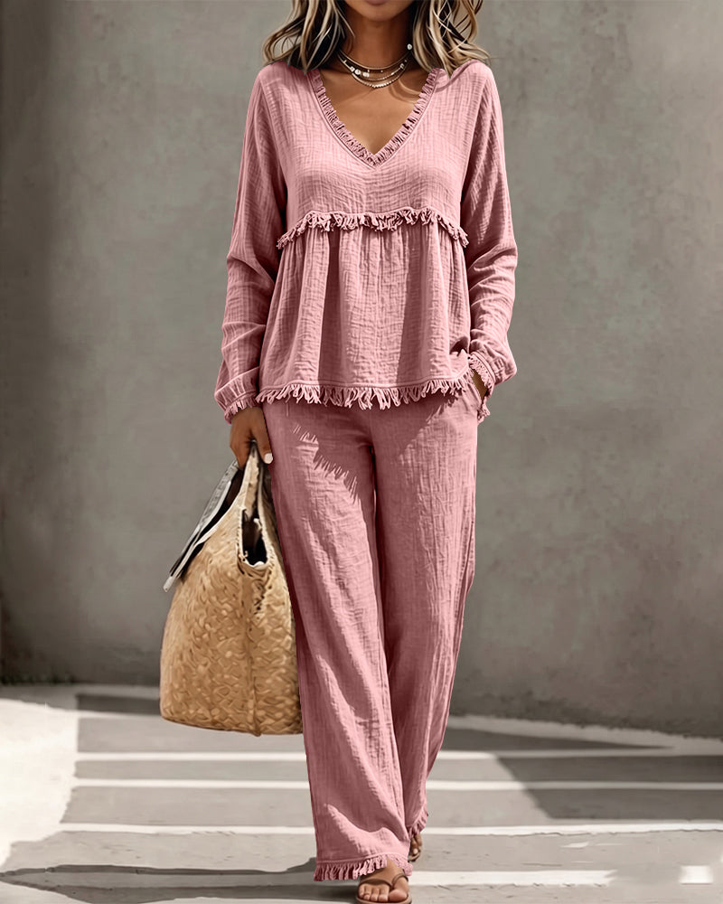 Boho fringe two-piece set in pink