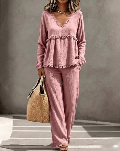 Boho fringe two-piece set in pink