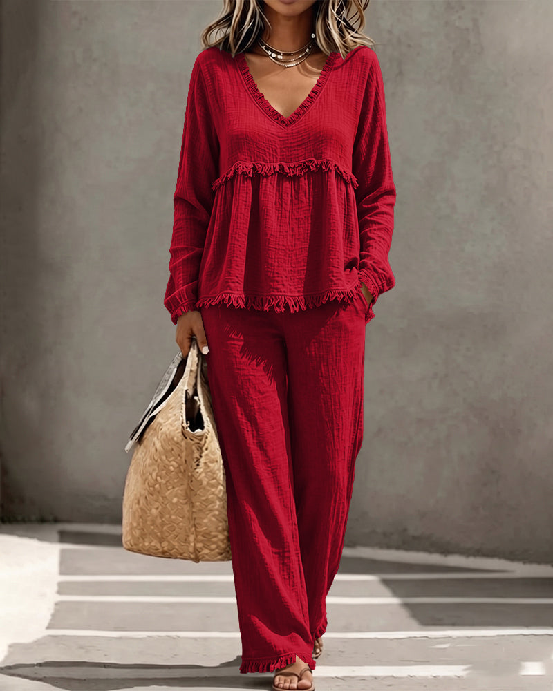 Boho fringe two-piece set in red