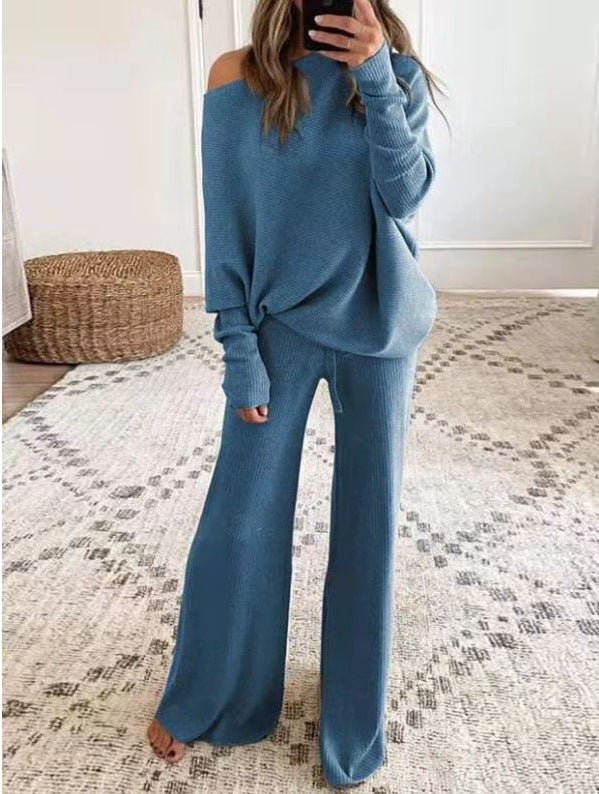 Glenys asymmetric sweater set in blue, front view