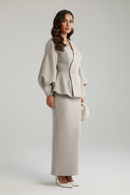 Puff sleeve skirt suit, detail view