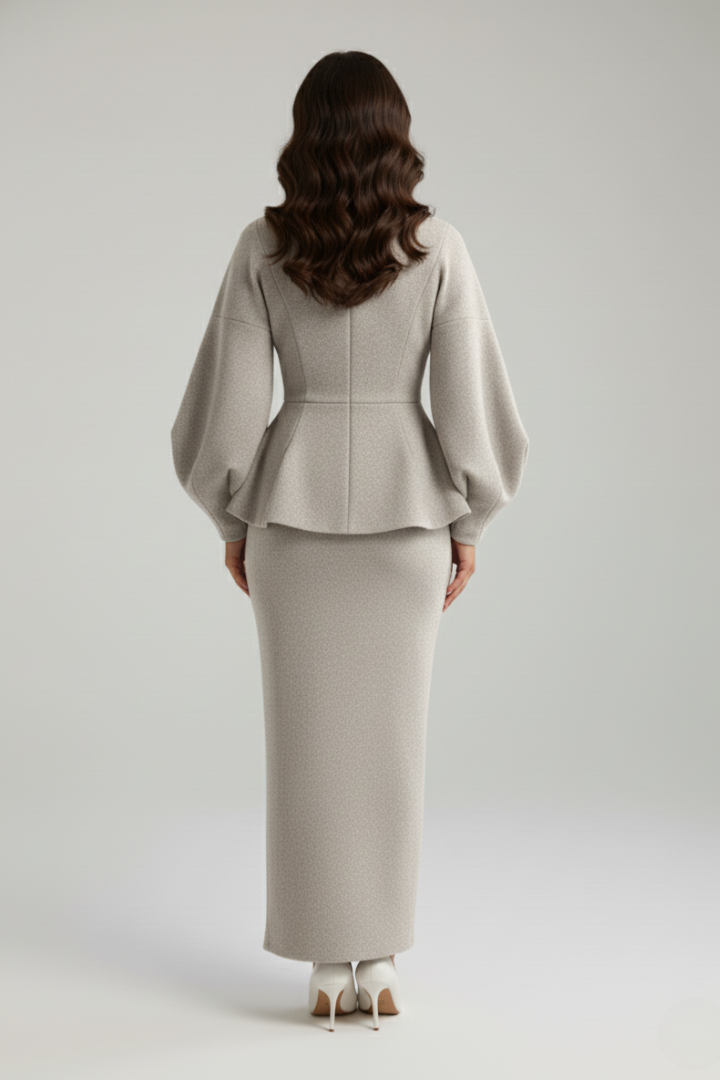 Puff sleeve skirt suit, full length view