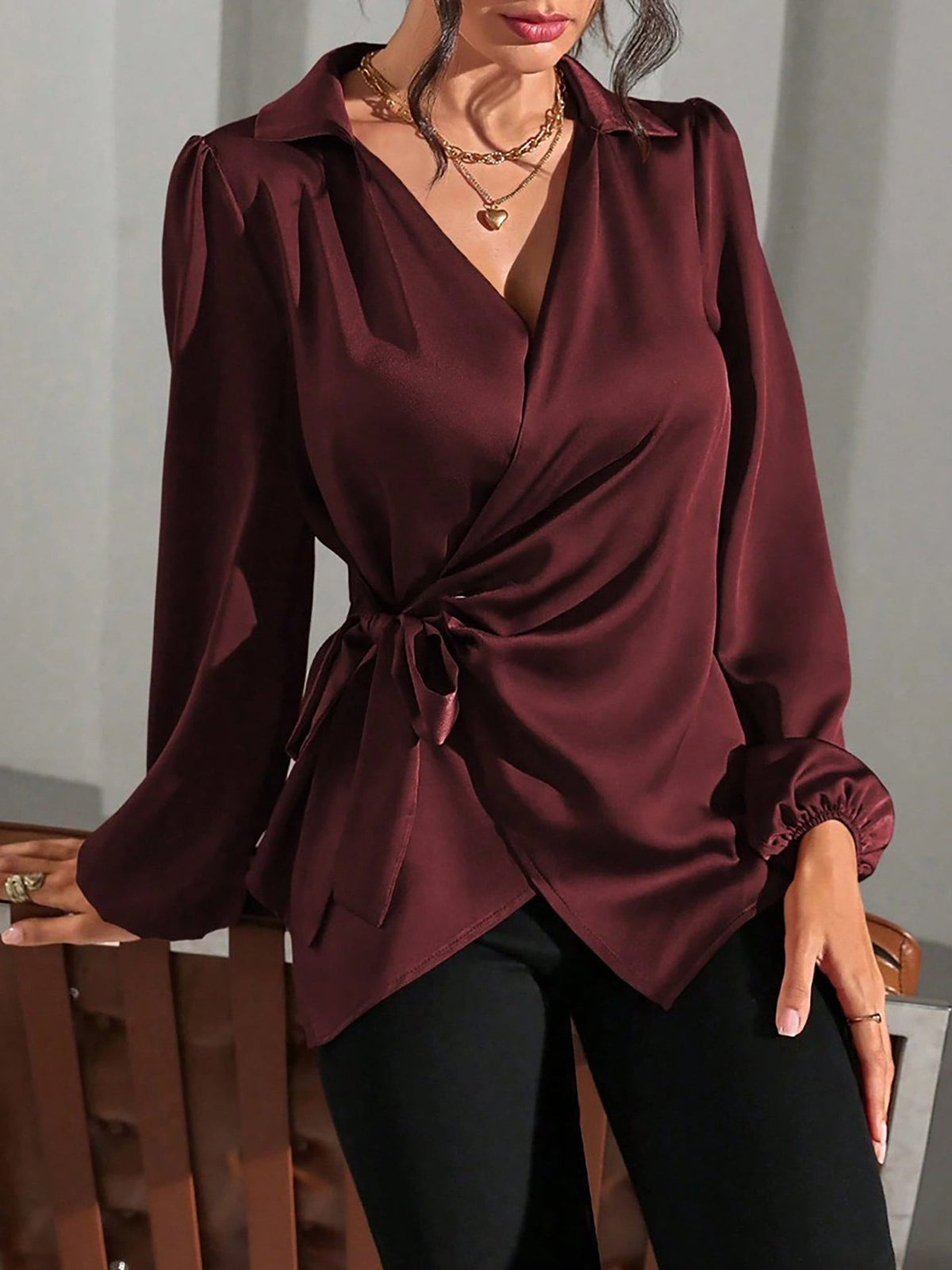 Puff sleeve wrap top in burgundy