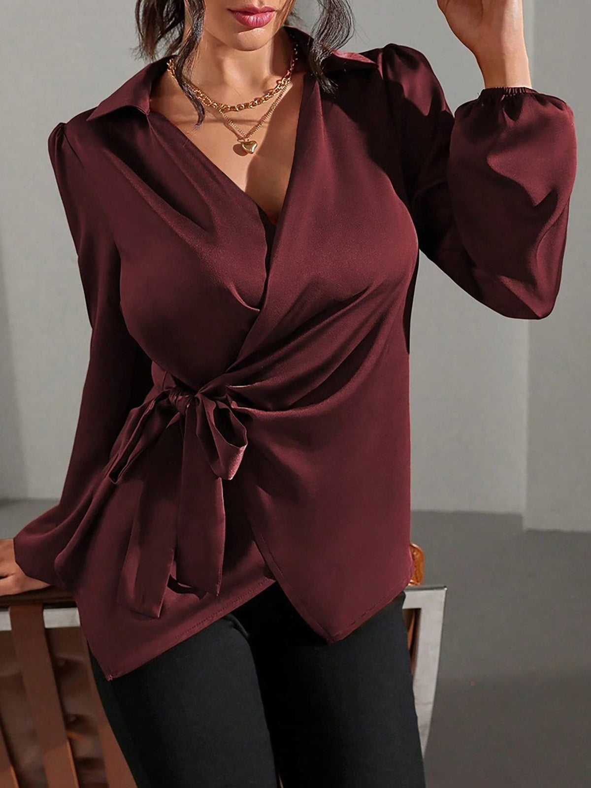 Puff sleeve wrap top, view 5