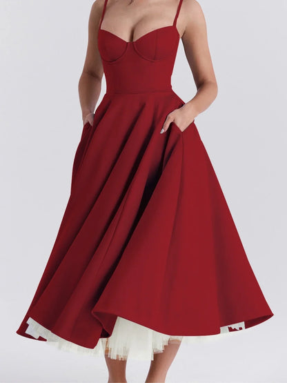Sweetheart midi cocktail dress, close-up of the neckline