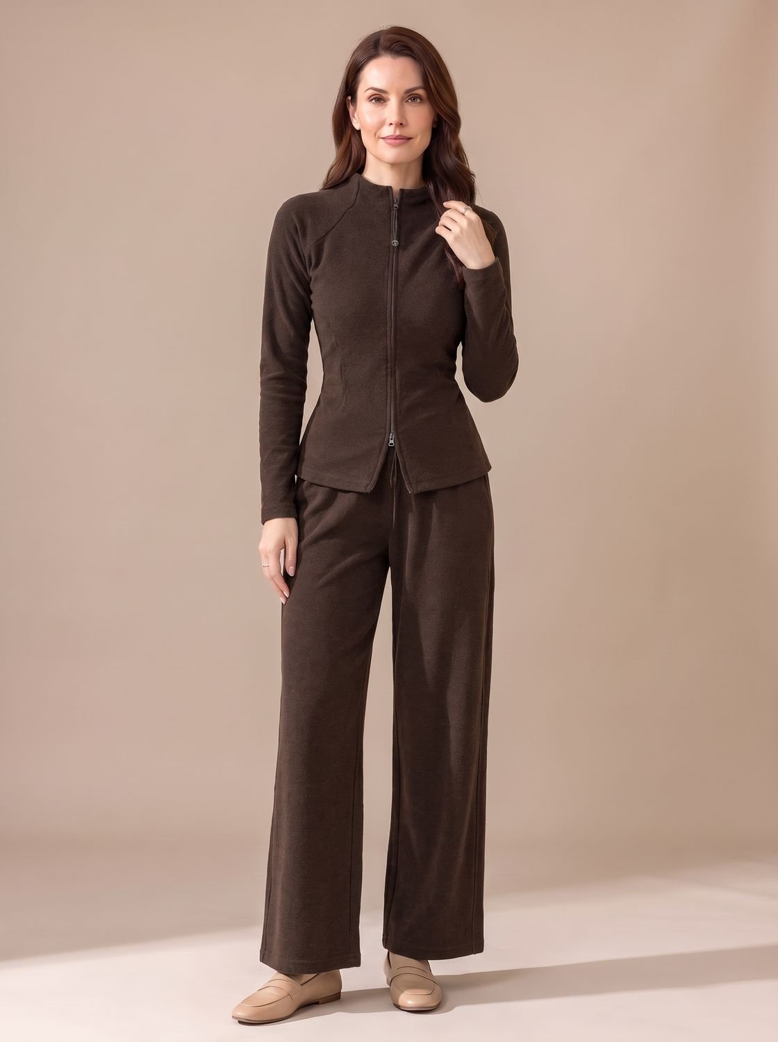 Zip-front knit set in brown