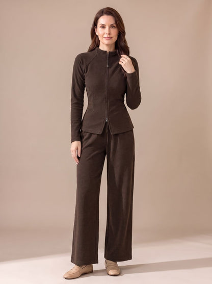 Zip-front knit set in brown