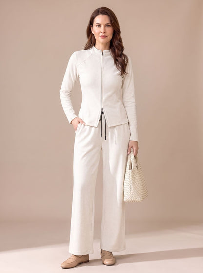 Zip-front knit set in white