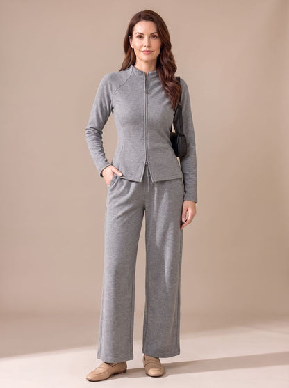 Zip-front knit set in gray