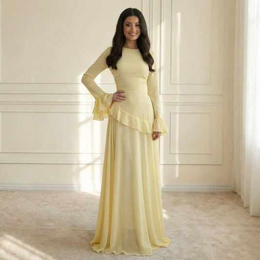 Hyacinth ruffle wedding guest maxi dress in light yellow, front view