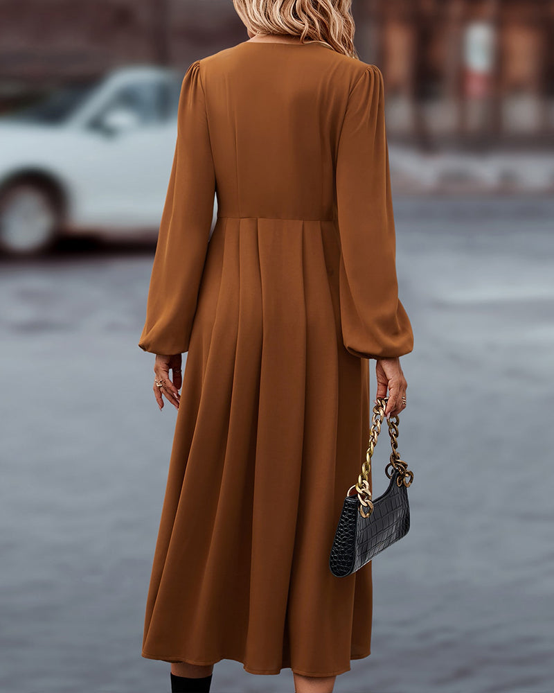 Long sleeve pleated midi dress, full length view