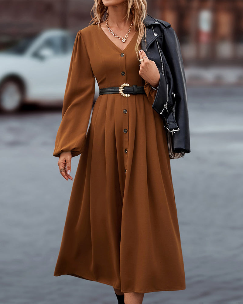 Long sleeve pleated midi dress, color variant