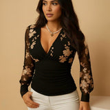 Jessamy ruched V-neck blouse in white with lace, front view