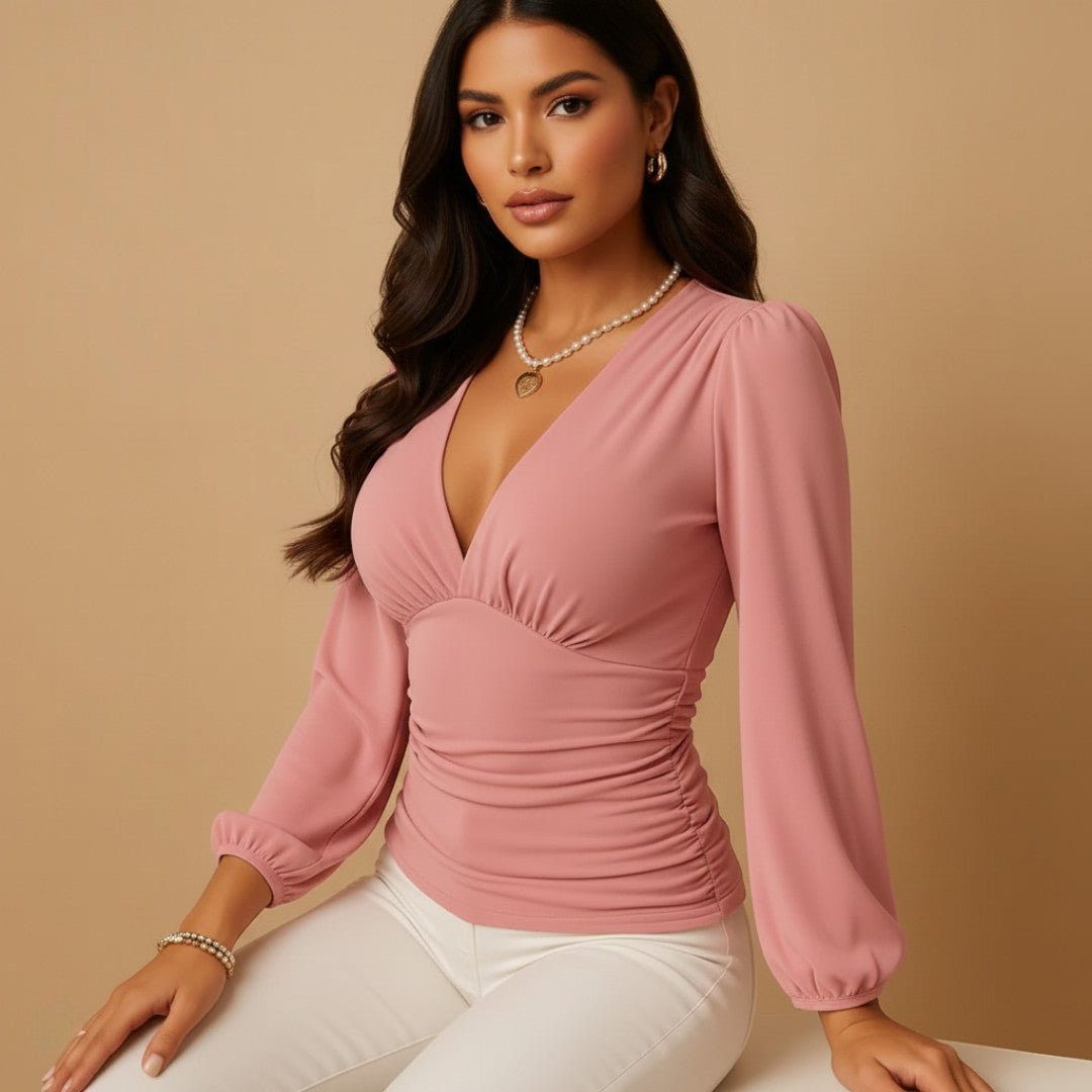 Ruched V-neck blouse in pink