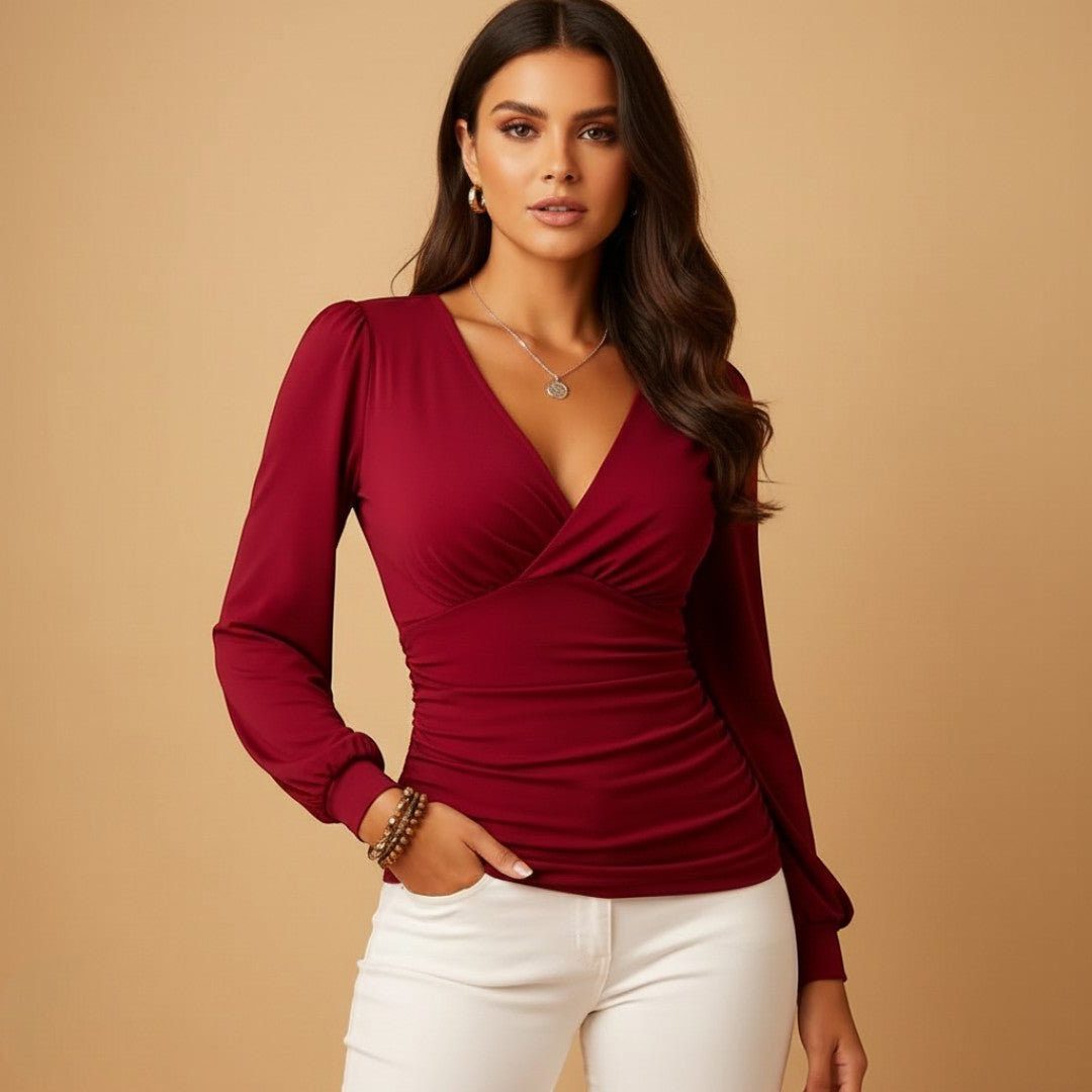Ruched V-neck blouse in burgundy