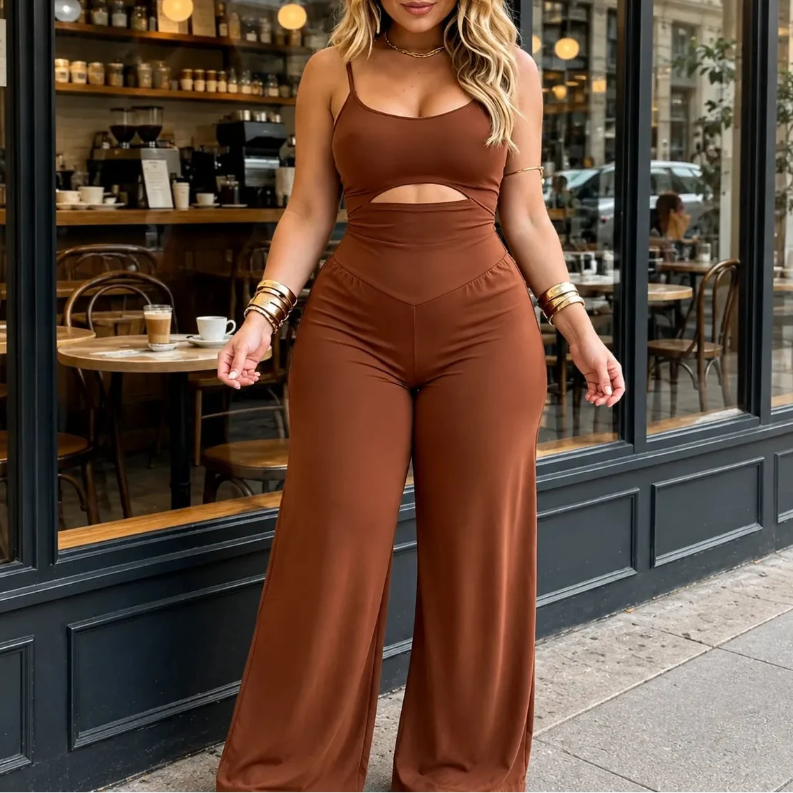 Cutout wide-leg jumpsuit in brown