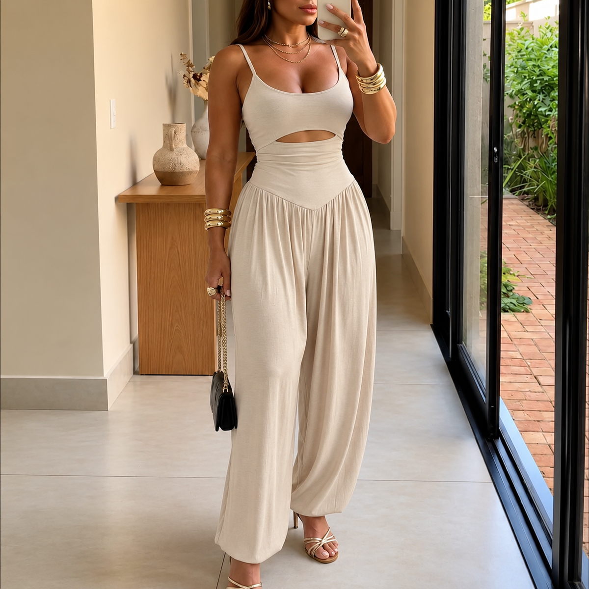 Cutout wide-leg jumpsuit in apricot