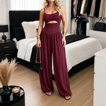 Cutout wide-leg jumpsuit in burgundy