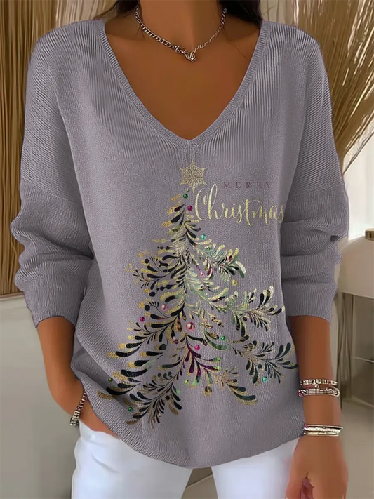 Women's Joëlle festive V-neck Christmas sweater in Gray Christmas Tree