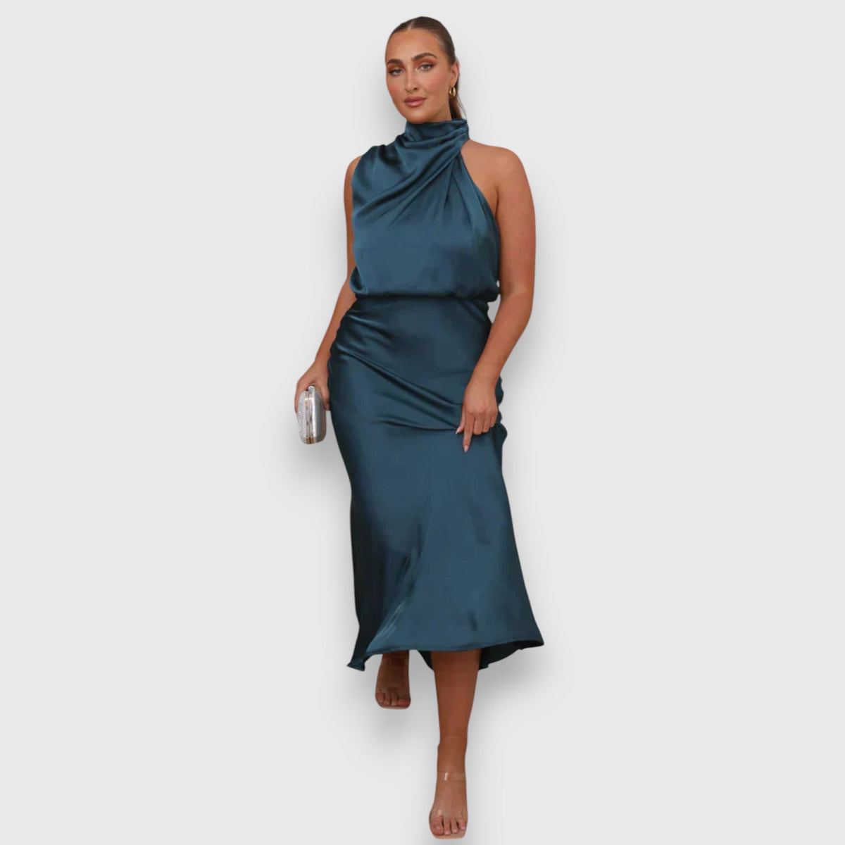 Women's Jolene halter wedding guest midi dress in Blue