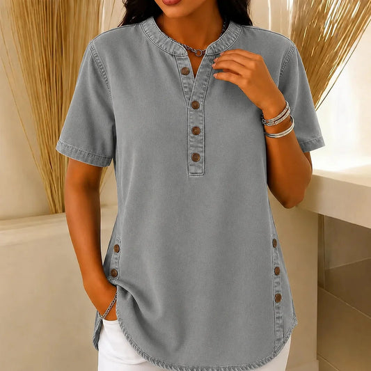 Joyce henley tunic top in gray wash, front view