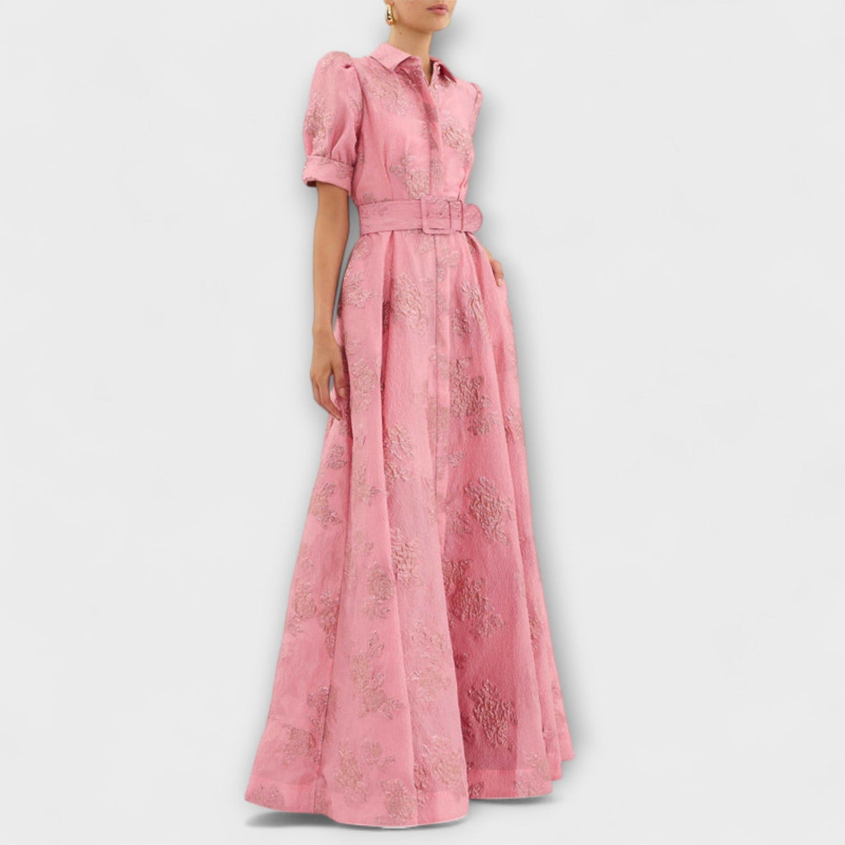 Evangeline | Short Puff Sleeve Floral Fitted Prom Midi Dress