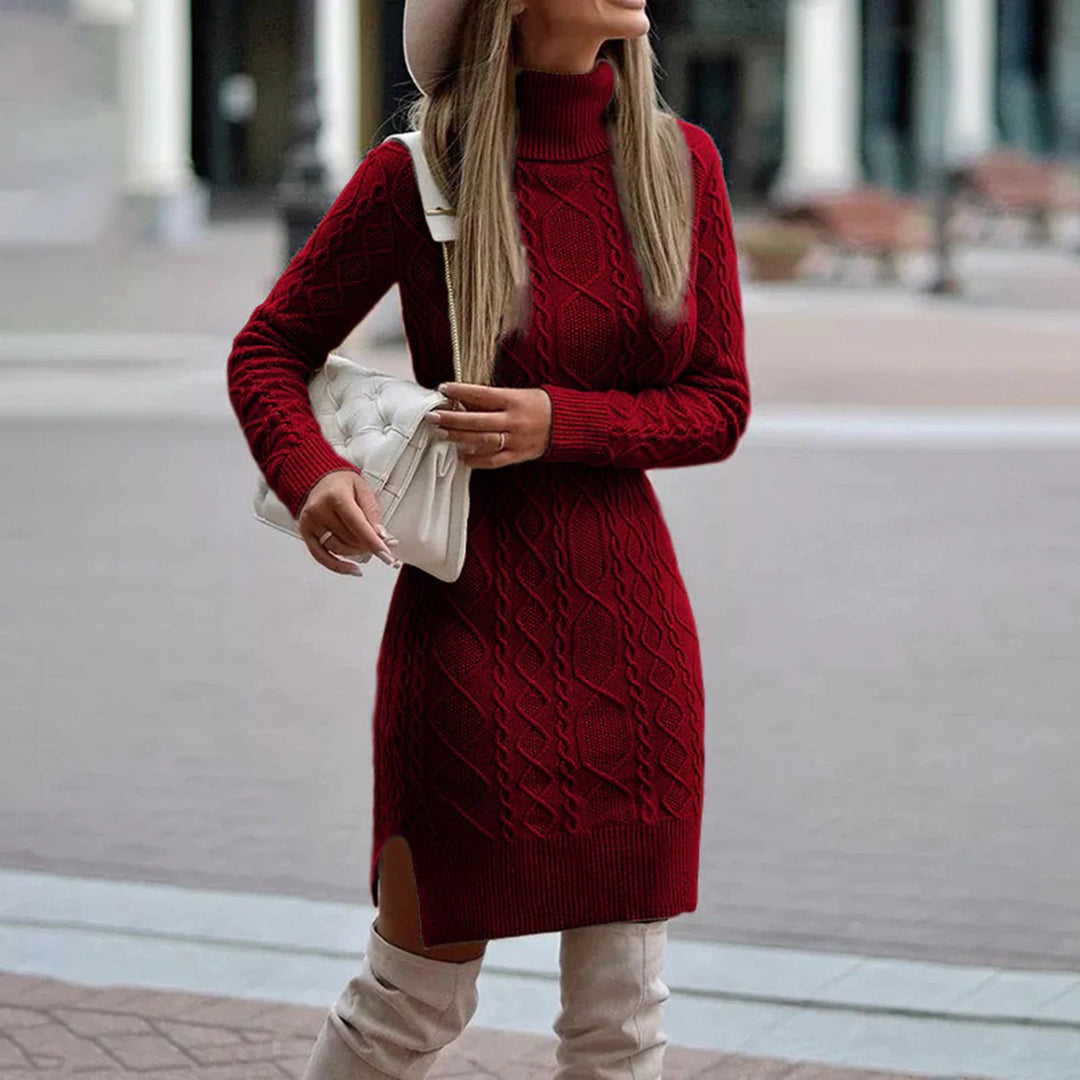 Kathleen cable knit sweater dress in burgundy, front view