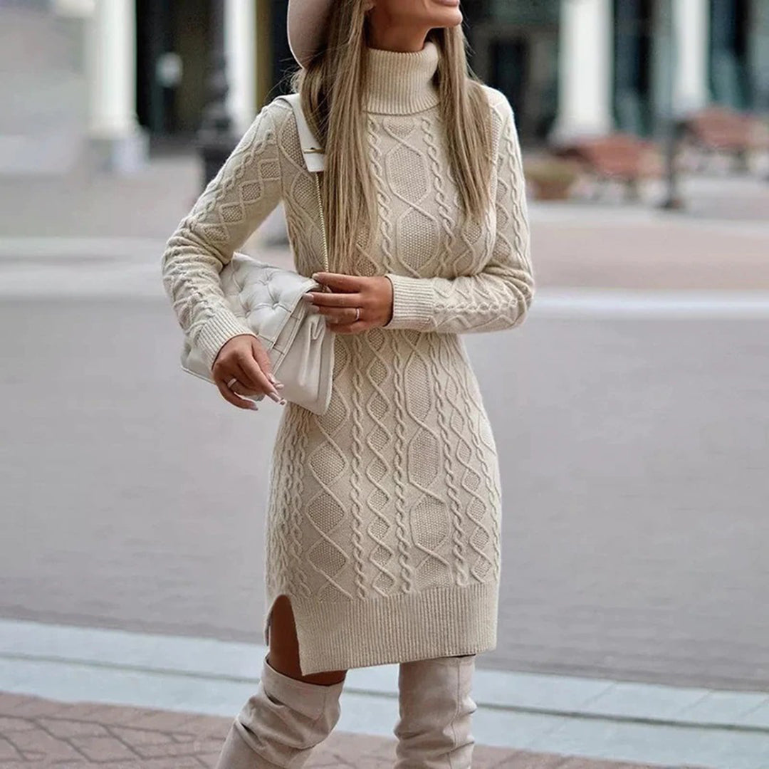 Cable knit sweater dress in beige