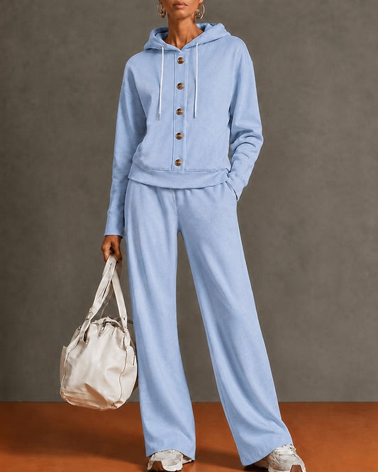 Kimberly button-front hoodie sweatsuit in clear blue, front view