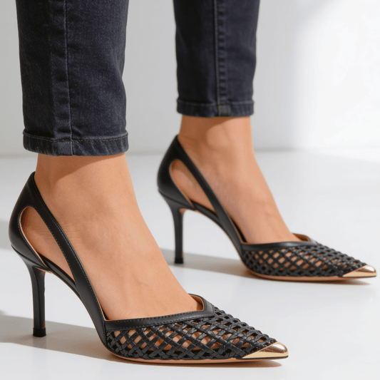 Lorelei pointed toe dress pumps in black, front view