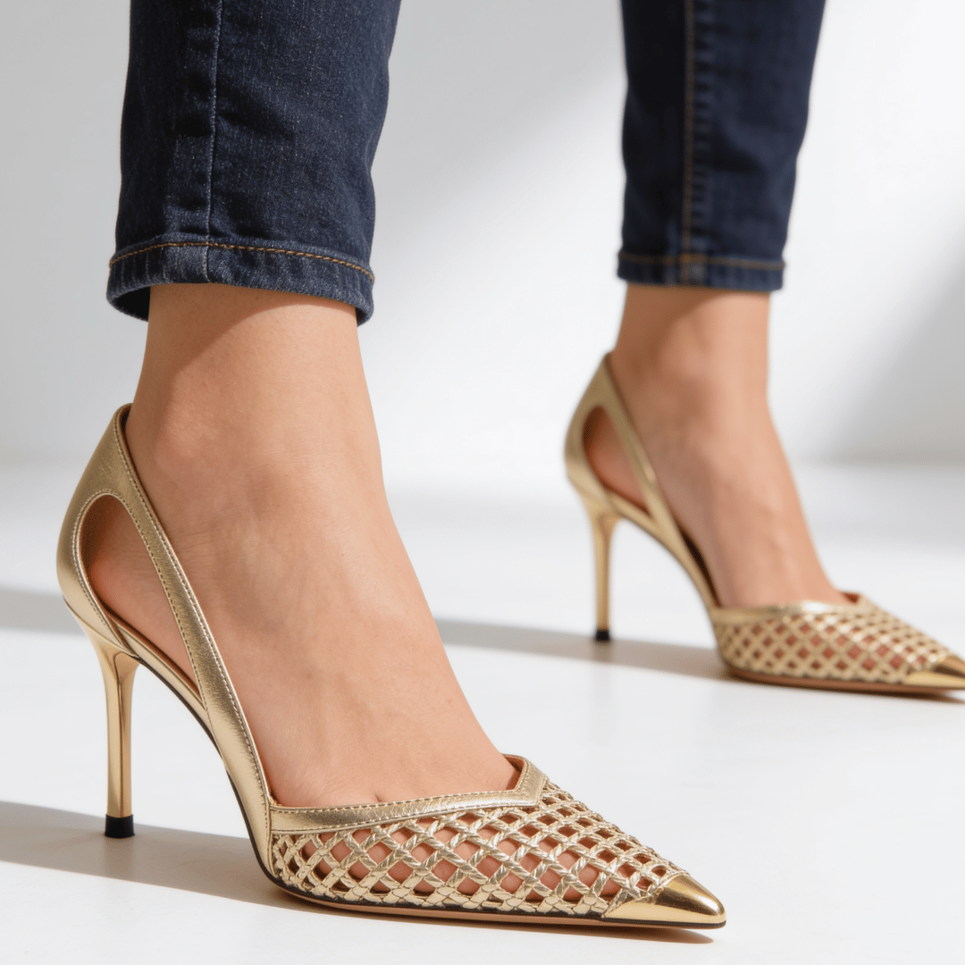Pointed toe dress pumps in gold