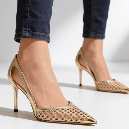 Pointed toe dress pumps in gold