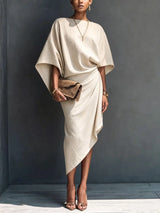 Lucasta asymmetric midi dress in ivory, front view