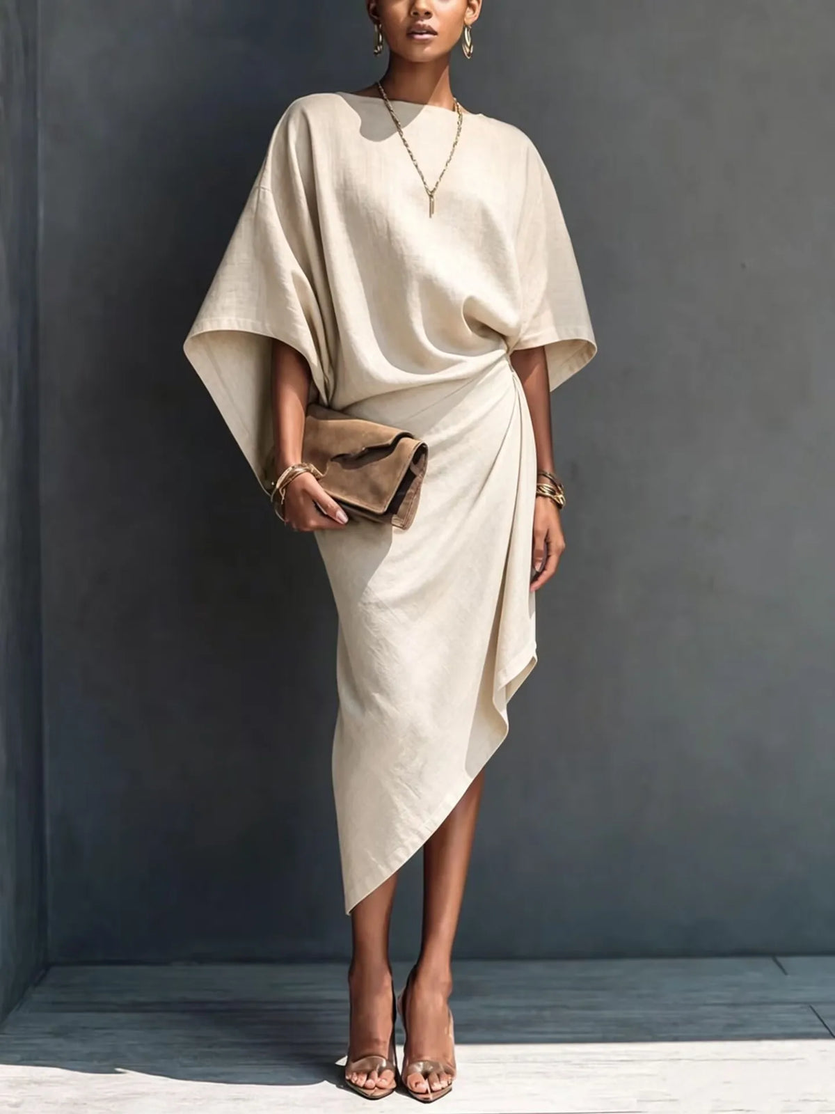 Lucasta asymmetric midi dress in ivory, front view