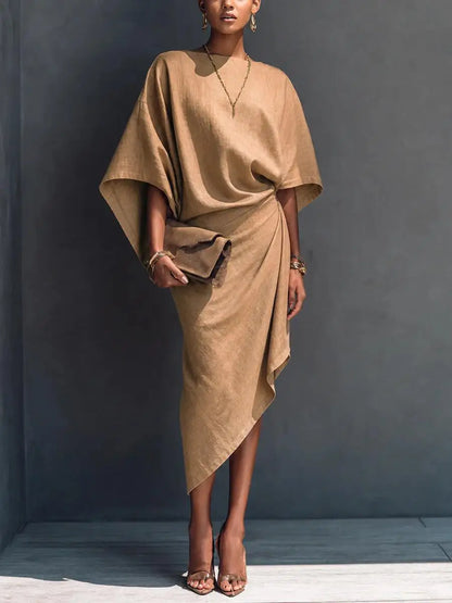 Asymmetric midi dress in camel