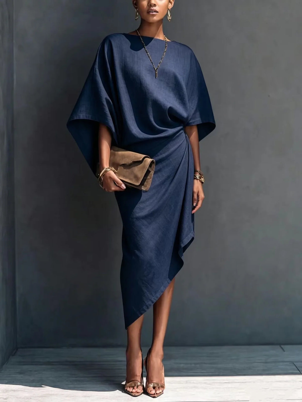 Asymmetric midi dress in navy blue