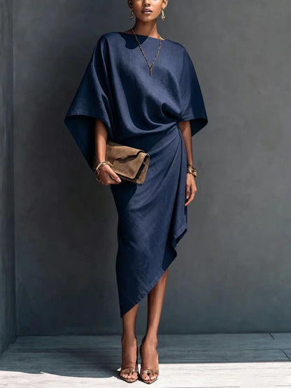 Asymmetric midi dress in navy blue